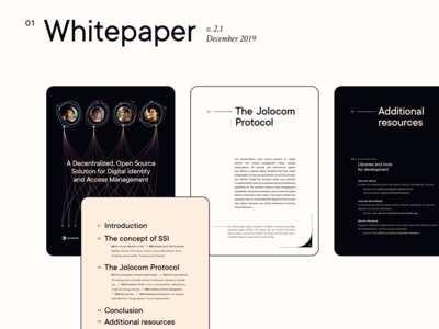 Jolocom collateral • New whitepaper blockchain branding collateral dapp decentralization editorial identity protocol swiss style whitepaper