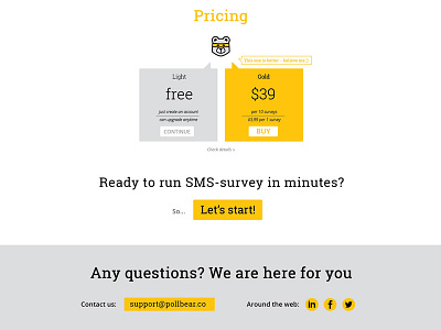 Pollbear - Landing page, pricing animal app bear contact us plans pricing startup support yellow