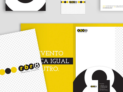 RBR8 Promoções & Eventos Stationary Design black branding business cards circles folder gold letter head stationary design