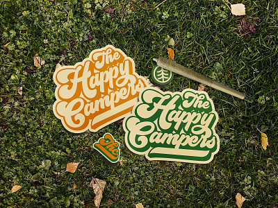 The Happy Campers - Brand Identity 🏕 brand identity branding camping cannabis graphic design groovy illustration lettering logo marijuana outdoors patches stickers type weed
