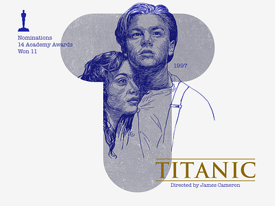 T for movie 'Titanic'. 36daysoftype academy awards digital drawing graphic art graphic design hollywood illustration james cameron kate winslet leonardo dicaprio movie photoshop portrait type challenge type daily typography woodcut