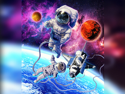 Cats Spacewalking animal art design digital art digital drawing digital painting illustration illustration art painting photoshop photoshop art realism realist drawing realist painting t shirt design t shirt graphic t shirt illustration