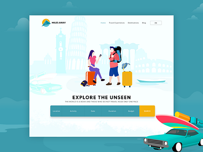 Landing Page for Travel Agency - Miles Away abstract art banner branding creative design flat design hero homepage icon illustration landing page minimal design travel vector