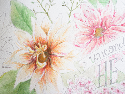 merelypaper's dribbble debut. dahlia drawing floral flower hand lettering hydrangeas illustration in progress lettering process watercolor