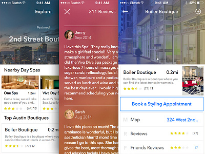 E App app book business cards design explore filter mobile reviews search ui ux
