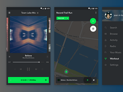 Spotify + Fitness [Sketch File] android biking dark fitness tracker gps iot material design music app music player running spotify wearables