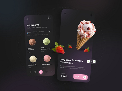 Ice Cream App Concept UI app concept conceptui dark dark mode dark ui food and drink food app icecream ui ux