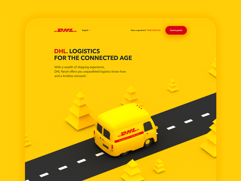 DHL landing page 3d animation delivery dhl sending shipping transport yellow car
