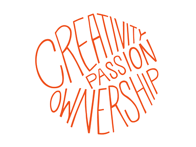 Creativity. Passion. Ownership. beliefs culture hand lettered mission philosphy principles spiceworks tenets type vector