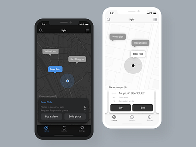 Queue app app buy clean ui dark ui design flat icon ios map minimal place queue spot ui ux vector
