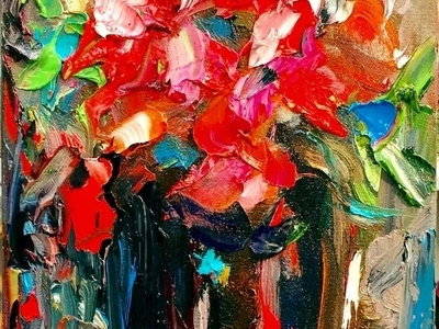 Red Flowers with Black Vase by BRUNI fine art floral flowers painting red colors still life vase