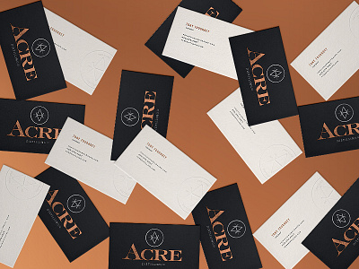 Acre Distilling Company business cards cofffe copper distillery emboss foil fort worth logo