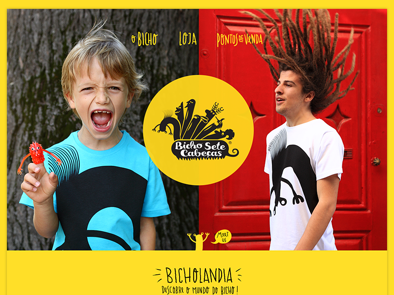 Bicho Sete Cabeças hand font store website header yellow