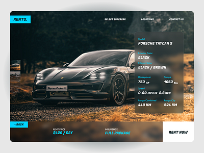 RENTO - Rent Your Supercar auto blue branding car dark glassmorphic graphic design illustration porsche rent slider ui ux