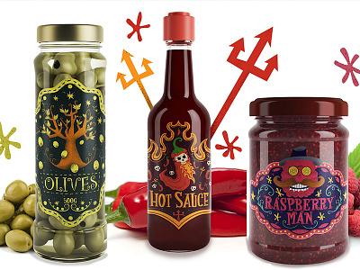Hot sauce, Raspberry Jam And Olives Packaging design food graphicdesign graphics illustration jam label olives packaging sauce