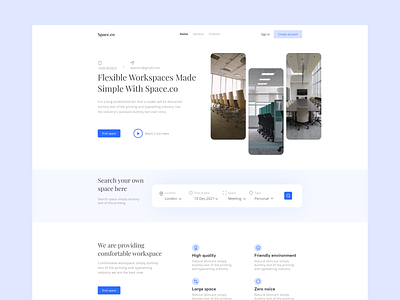 Co-working space finder web landing page ui