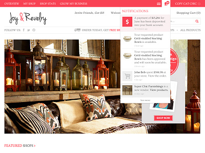 Joy& Revelry Notifications css dropdown ecommerce market notifications red shop web