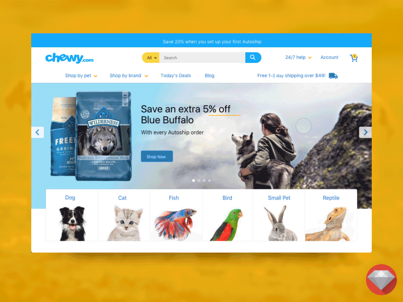 Online Pet Store E-Commerce Website Concept animation blue clean desktop flat homepage ui web website white