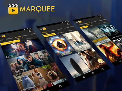 Movie Discovery, Trailers and Showtimes Android App android app dark mobile movies shows showtimes trailers ui