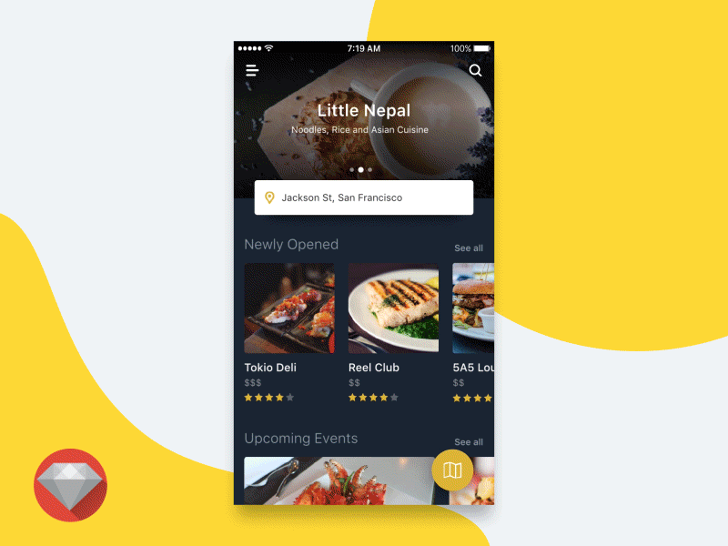 Food Restaurant Listing App animation app dark flinto food gif mobile navigation principal restaurant