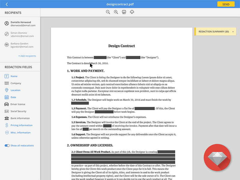 Legal Document SaaS - Showing ML Assisted Redaction gif animation material ml ai document redaction law saas legal