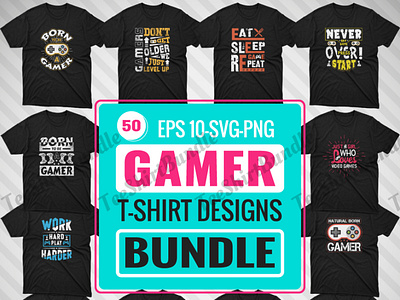 Typographic 50+ Gamer t shirt design bundle.