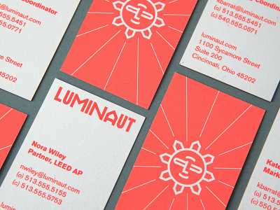 Luminaut Business Cards architechture branding design flat flatlay geometic iconography identity living coral logo pantone sun rays typography vector