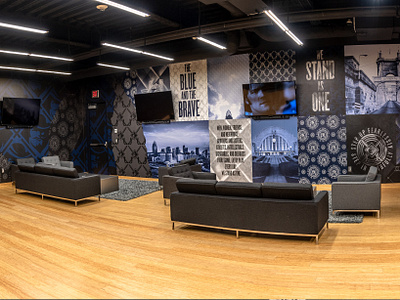 Xavier Student Lounge Interior Design athletics branding college enviromental graphic identity interior design lounge mural sports sports branding sports design