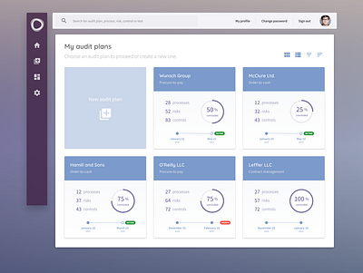 My audit plans - Auditify card design column deadline filter home screen homepage light ui list overview percentage product design progress project sorting task task list task manager timeline