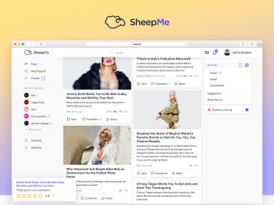 SheepMe app cards feed navigation news newsfeed post social subscription ui ux web