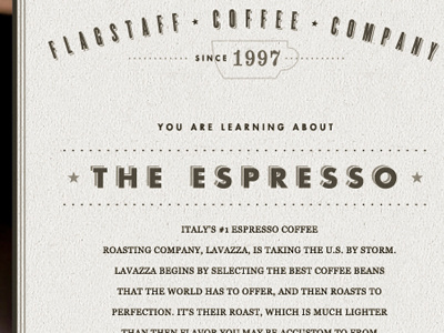Interior Page for the Flagstaff Coffee Company Redesign arizona coffee espresso futura icons indicia knockout logo numbers redesign site type