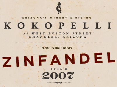Kokopelli Rebranding Label arizona brown design garamond gotham gray logo paper red typography wine