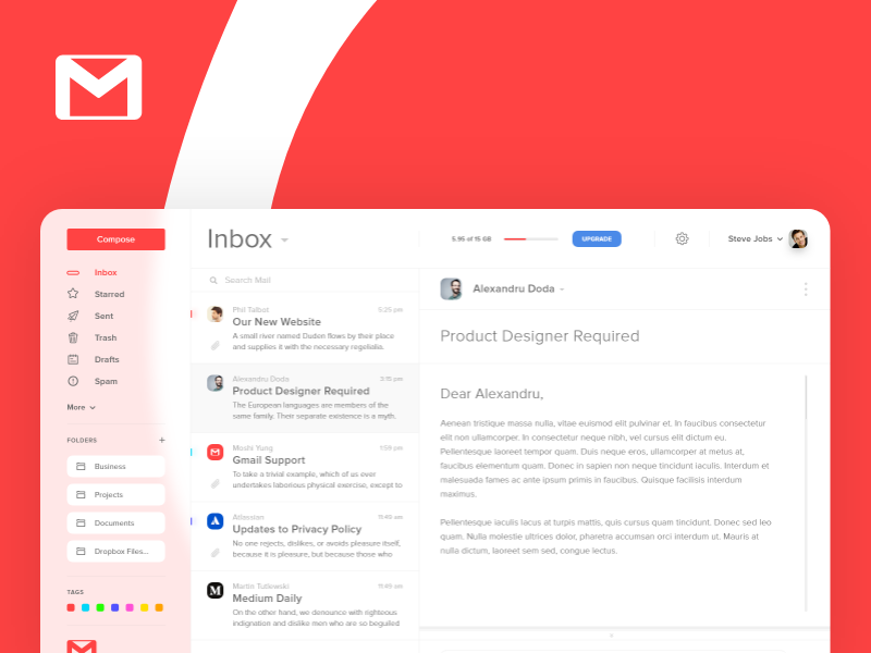 Gmail UI Concept Design logo brand business graphic red ux ui app gmail google design