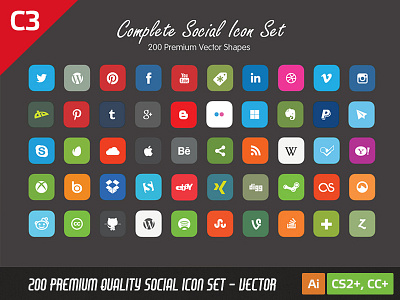 200 Complete Social Icons Vector buttons facebook icon linkedin pinterest rss social media twitter vimeo youtube