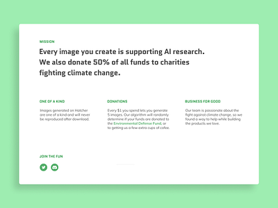 Hatcher | About Page about app branding green minimalist saas typography ui website