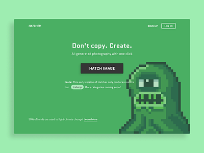 Hatcher | Home Page app branding copy creature green illustration landing page minimalist saas typography ui