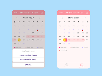 DailyUI 038 - Calendar calendar dailyui menstruation mobile app ps record uxui