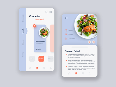 DailyUI 040 - Recipe app design customize daily 100 challenge dailyui dailyui 001 dailyuichallenge dishes food app icons innovation interface design likes mobile app recipe app share ui ux uxdesign uxui video