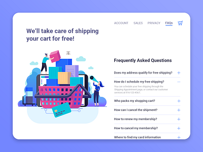 DailyUI 092 - FAQ branding daily 100 challenge dailyui dailyuichallenge delivery faq faqs free shipping frequently asked questions illustration shopping shopping app shopping basket ui design ux design uxui web design website concept website design