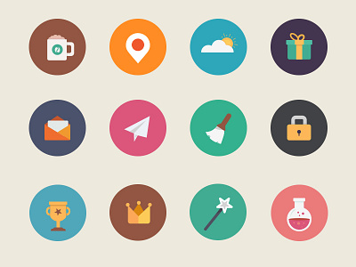 Flat Icons cloud coffee crown email. paper plane flat icons gift king magic wand map trophy win