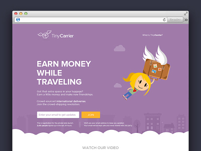 Tiny Carrier Landing page box crowd crowd shipping delivery earn flat flying girl landingpage purple travel website