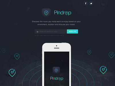 Pindrop coming soon page. app coming soon dark landing page location map music app music discovery music player ui webflow website