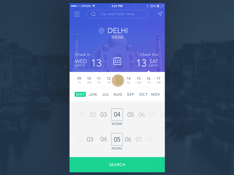 Hotel finder app ae aftereffects calendar filter psd result search ui ux