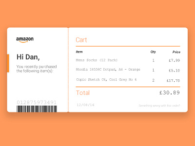 Email Receipt - Daily UI #17 amazon barcode dailyui email invoice purchase receipt