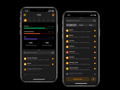 Refreshed Overview & Food Search dark darkmode diet food ios mobile progress search user interface ux