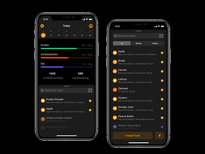 Refreshed Overview & Food Search dark darkmode diet food ios mobile progress search user interface ux