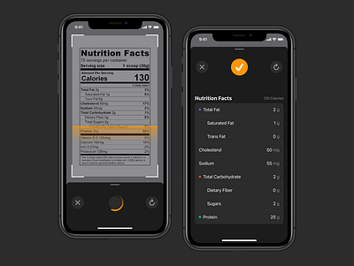 Nutrition Label Scanner app dark diet food ios label mobile nutrition scanner ui user interface
