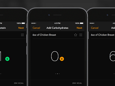 Add Food add item dark food ios mobile nutrition steps user interface