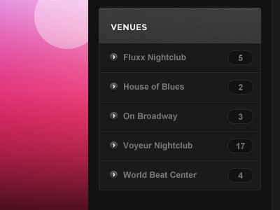 Venue List bullets dark grey list sidebar