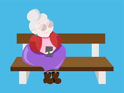 Techie Granny sitting on a bench illustration bench branding character character design design grandma grandmother granny illustration modern granny pensioner tablet techie techie granny vector